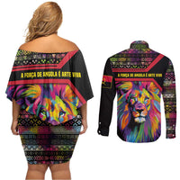 Angola Couples Matching Off Shoulder Short Dress and Long Sleeve Button Shirt with Multicolor Tribal Design and Vibrant Lion - Wonder Print Shop