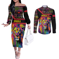 Angola Couples Matching Off The Shoulder Long Sleeve Dress and Long Sleeve Button Shirt with Multicolor Tribal Design and Vibrant Lion - Wonder Print Shop