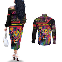 Angola Couples Matching Off The Shoulder Long Sleeve Dress and Long Sleeve Button Shirt with Multicolor Tribal Design and Vibrant Lion - Wonder Print Shop