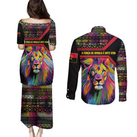 Angola Couples Matching Puletasi and Long Sleeve Button Shirt with Multicolor Tribal Design and Vibrant Lion - Wonder Print Shop