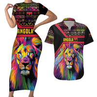 Angola Couples Matching Short Sleeve Bodycon Dress and Hawaiian Shirt with Multicolor Tribal Design and Vibrant Lion - Wonder Print Shop