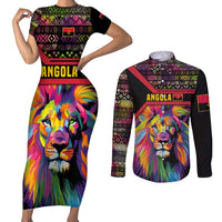 Angola Couples Matching Short Sleeve Bodycon Dress and Long Sleeve Button Shirt with Multicolor Tribal Design and Vibrant Lion - Wonder Print Shop