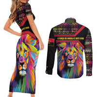 Angola Couples Matching Short Sleeve Bodycon Dress and Long Sleeve Button Shirt with Multicolor Tribal Design and Vibrant Lion - Wonder Print Shop