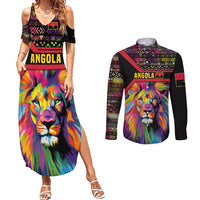 Angola Couples Matching Summer Maxi Dress and Long Sleeve Button Shirt with Multicolor Tribal Design and Vibrant Lion - Wonder Print Shop