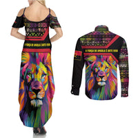 Angola Couples Matching Summer Maxi Dress and Long Sleeve Button Shirt with Multicolor Tribal Design and Vibrant Lion - Wonder Print Shop