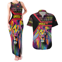 Angola Couples Matching Tank Maxi Dress and Hawaiian Shirt with Multicolor Tribal Design and Vibrant Lion - Wonder Print Shop