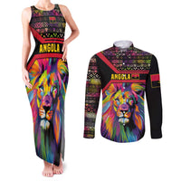 Angola Couples Matching Tank Maxi Dress and Long Sleeve Button Shirt with Multicolor Tribal Design and Vibrant Lion - Wonder Print Shop