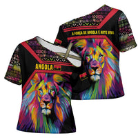 Angola Cross Shoulder Shirt with Multicolor Tribal Design and Vibrant Lion - Wonder Print Shop