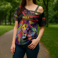 Angola Cross Shoulder Shirt with Multicolor Tribal Design and Vibrant Lion - Wonder Print Shop