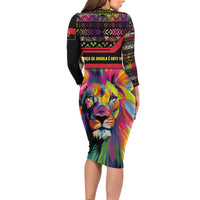 Angola Family Matching Long Sleeve Bodycon Dress and Hawaiian Shirt with Multicolor Tribal Design and Vibrant Lion - Wonder Print Shop