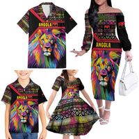 Angola Family Matching Off The Shoulder Long Sleeve Dress and Hawaiian Shirt with Multicolor Tribal Design and Vibrant Lion - Wonder Print Shop