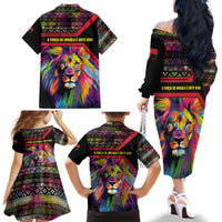 Angola Family Matching Off The Shoulder Long Sleeve Dress and Hawaiian Shirt with Multicolor Tribal Design and Vibrant Lion - Wonder Print Shop