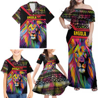 Angola Family Matching Off Shoulder Maxi Dress and Hawaiian Shirt with Multicolor Tribal Design and Vibrant Lion - Wonder Print Shop