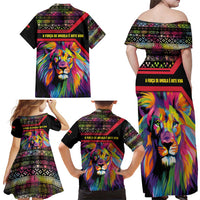 Angola Family Matching Off Shoulder Maxi Dress and Hawaiian Shirt with Multicolor Tribal Design and Vibrant Lion - Wonder Print Shop