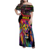 Angola Family Matching Off Shoulder Maxi Dress and Hawaiian Shirt with Multicolor Tribal Design and Vibrant Lion - Wonder Print Shop
