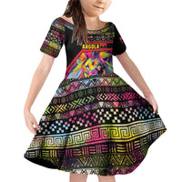 Angola Family Matching Off Shoulder Short Dress and Hawaiian Shirt with Multicolor Tribal Design and Vibrant Lion - Wonder Print Shop