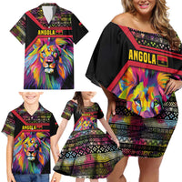 Angola Family Matching Off Shoulder Short Dress and Hawaiian Shirt with Multicolor Tribal Design and Vibrant Lion - Wonder Print Shop