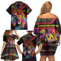 Angola Family Matching Off Shoulder Short Dress and Hawaiian Shirt with Multicolor Tribal Design and Vibrant Lion - Wonder Print Shop