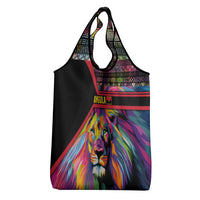 Angola Grocery Bag with Multicolor Tribal Design and Vibrant Lion - Wonder Print Shop