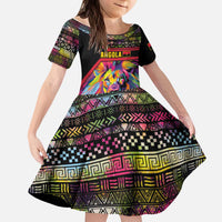Angola Kid Short Sleeve Dress with Multicolor Tribal Design and Vibrant Lion - Wonder Print Shop