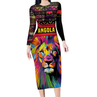 Angola Long Sleeve Bodycon Dress with Multicolor Tribal Design and Vibrant Lion - Wonder Print Shop