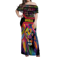 Angola Off Shoulder Maxi Dress with Multicolor Tribal Design and Vibrant Lion - Wonder Print Shop