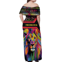Angola Off Shoulder Maxi Dress with Multicolor Tribal Design and Vibrant Lion - Wonder Print Shop