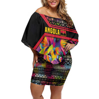 Angola Off Shoulder Short Dress with Multicolor Tribal Design and Vibrant Lion - Wonder Print Shop