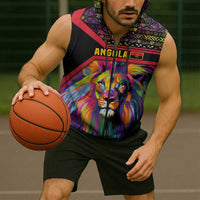 Angola Sleeveless Zip Hoodie with Multicolor Tribal Design and Vibrant Lion - Wonder Print Shop