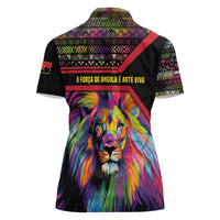 Angola Women Polo Shirt with Multicolor Tribal Design and Vibrant Lion - Wonder Print Shop