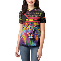 Angola Women Polo Shirt with Multicolor Tribal Design and Vibrant Lion - Wonder Print Shop