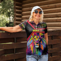 Angola Women Polo Shirt with Multicolor Tribal Design and Vibrant Lion - Wonder Print Shop