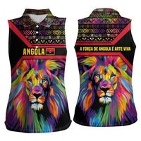 Angola Women Sleeveless Polo Shirt with Multicolor Tribal Design and Vibrant Lion - Wonder Print Shop