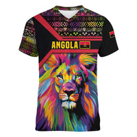 Angola Women V-Neck T-Shirt with Multicolor Tribal Design and Vibrant Lion - Wonder Print Shop