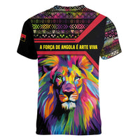 Angola Women V-Neck T-Shirt with Multicolor Tribal Design and Vibrant Lion - Wonder Print Shop