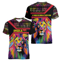 Angola Women V-Neck T-Shirt with Multicolor Tribal Design and Vibrant Lion - Wonder Print Shop