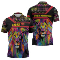 Angola Zipper Polo Shirt with Multicolor Tribal Design and Vibrant Lion - Wonder Print Shop