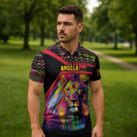 Angola Zipper Polo Shirt with Multicolor Tribal Design and Vibrant Lion - Wonder Print Shop