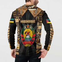Mozambique Button Sweatshirt with Black Brown Tribal Design and National Emblem - Wonder Print Shop