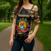 Mozambique Cross Shoulder Shirt with Black Brown Tribal Design and National Emblem - Wonder Print Shop