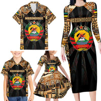 Mozambique Family Matching Long Sleeve Bodycon Dress and Hawaiian Shirt with Black Brown Tribal Design and National Emblem - Wonder Print Shop