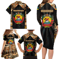 Mozambique Family Matching Long Sleeve Bodycon Dress and Hawaiian Shirt with Black Brown Tribal Design and National Emblem - Wonder Print Shop