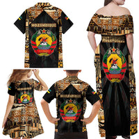 Mozambique Family Matching Off Shoulder Maxi Dress and Hawaiian Shirt with Black Brown Tribal Design and National Emblem - Wonder Print Shop