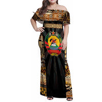 Mozambique Family Matching Off Shoulder Maxi Dress and Hawaiian Shirt with Black Brown Tribal Design and National Emblem - Wonder Print Shop