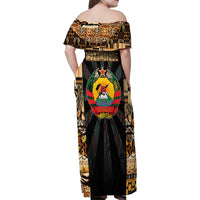 Mozambique Family Matching Off Shoulder Maxi Dress and Hawaiian Shirt with Black Brown Tribal Design and National Emblem - Wonder Print Shop