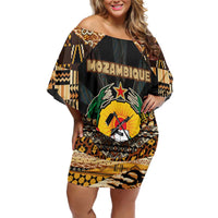 Mozambique Family Matching Off Shoulder Short Dress and Hawaiian Shirt with Black Brown Tribal Design and National Emblem - Wonder Print Shop