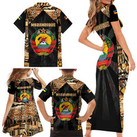 Mozambique Family Matching Short Sleeve Bodycon Dress and Hawaiian Shirt with Black Brown Tribal Design and National Emblem - Wonder Print Shop