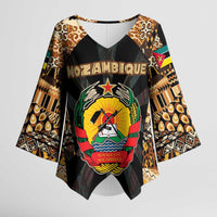 Mozambique Kimono Sleeve Blouse with Black Brown Tribal Design and National Emblem - Wonder Print Shop