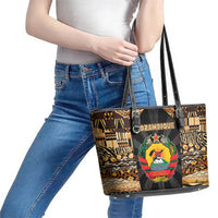 Mozambique Leather Tote Bag with Black Brown Tribal Design and National Emblem - Wonder Print Shop