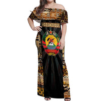 Mozambique Off Shoulder Maxi Dress with Black Brown Tribal Design and National Emblem - Wonder Print Shop